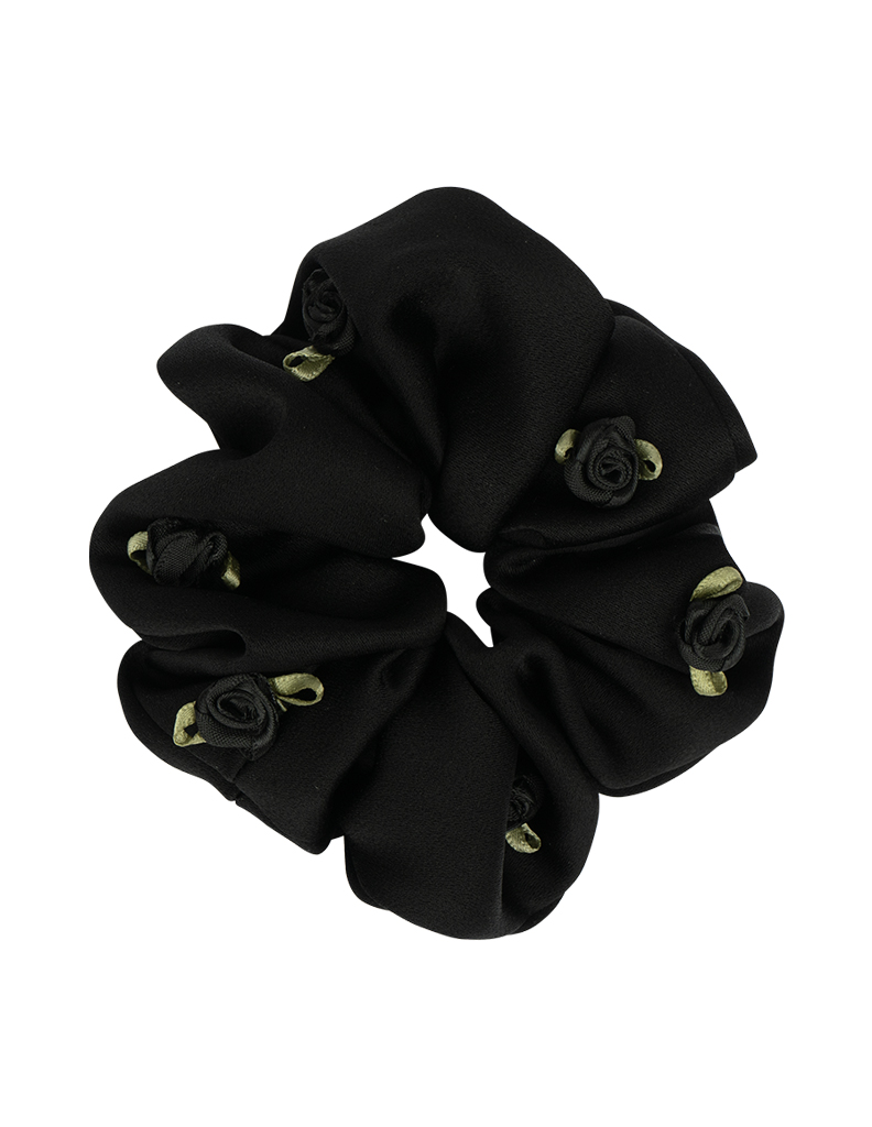 Hair Scrunchie Satin Black Rose