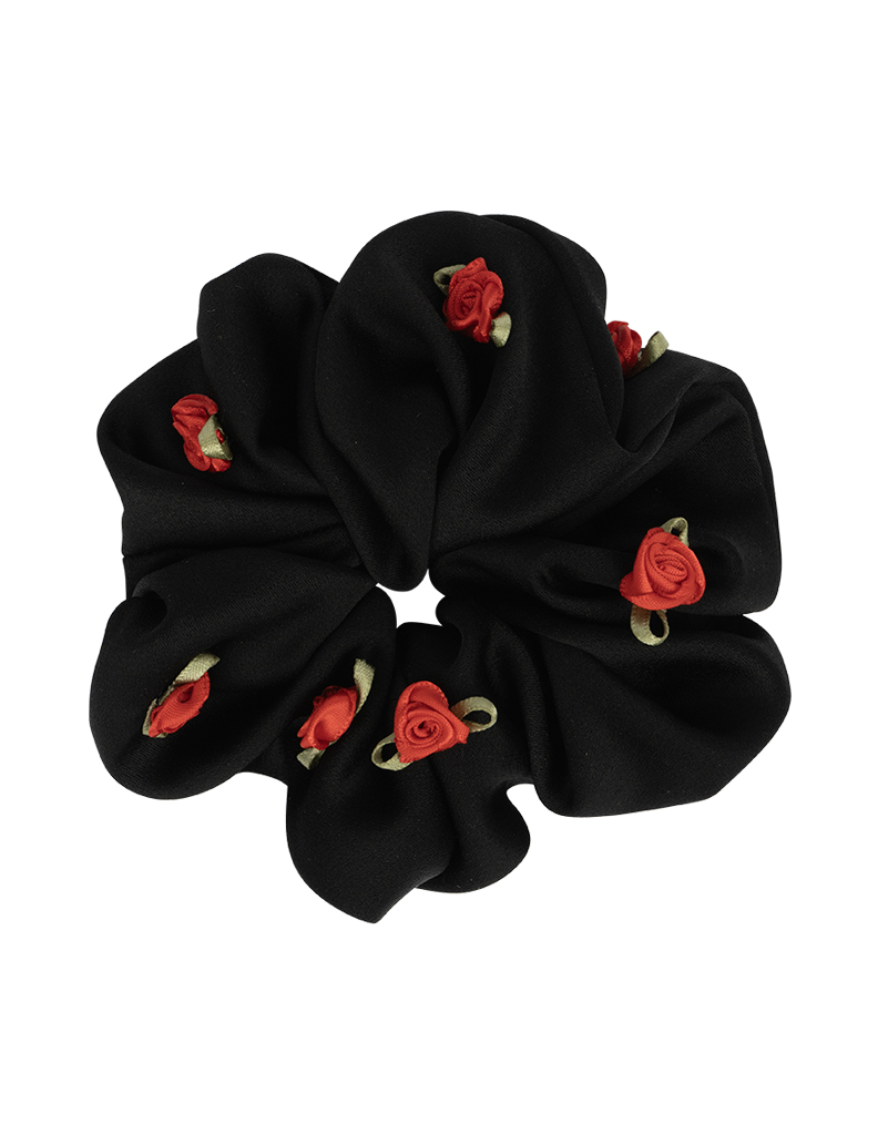 Hair Scrunchie Satin Red Black Rose