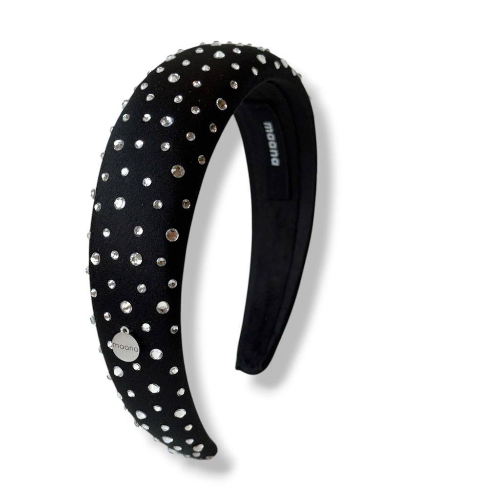 Padded headband Black Crystal Satin L size